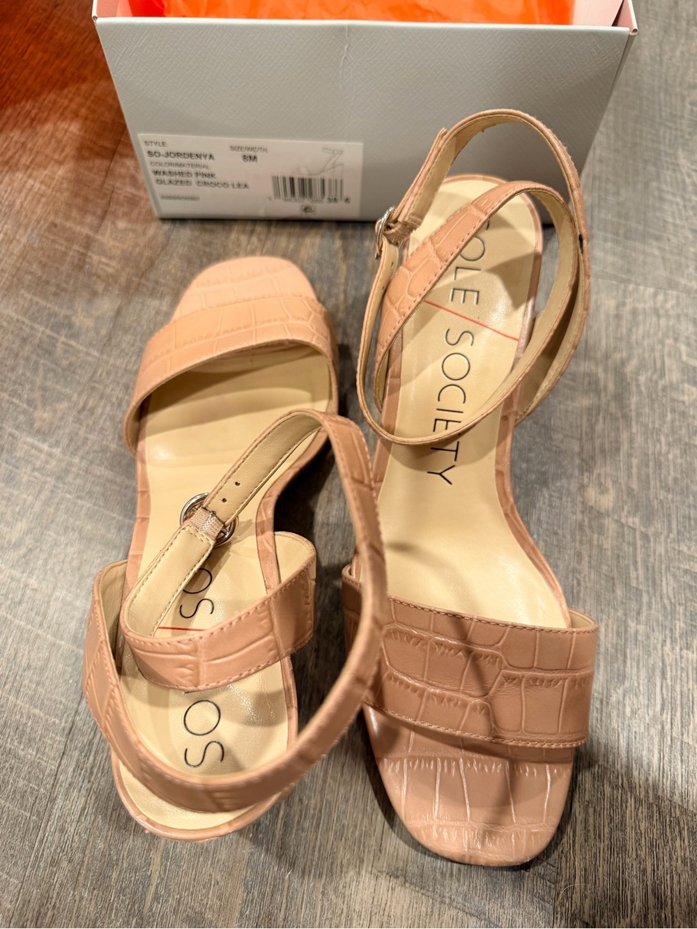 SOLE SOCIETY Blush Croc-Embossed Strappy Block Heel Sandals